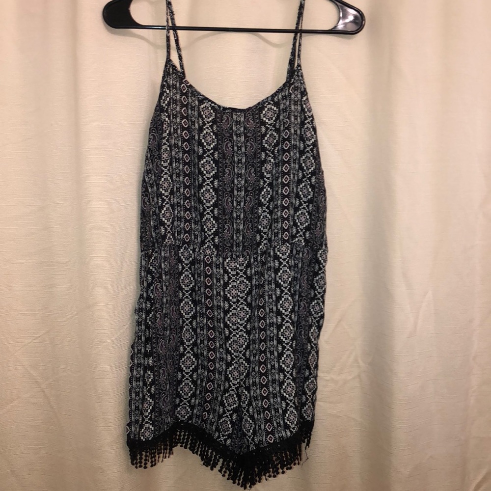 Black & white Aztec print romper with fringe ends